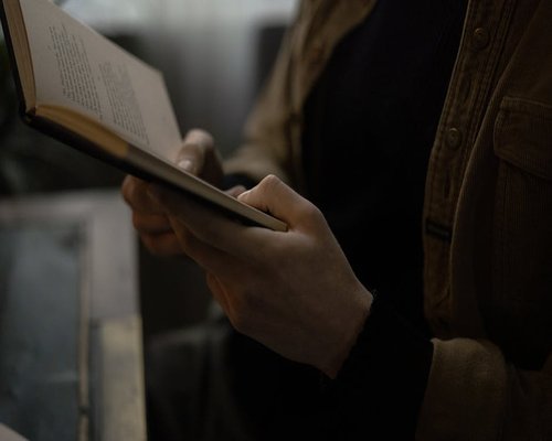 Close-up of a person reading a book in dim, warm evening light